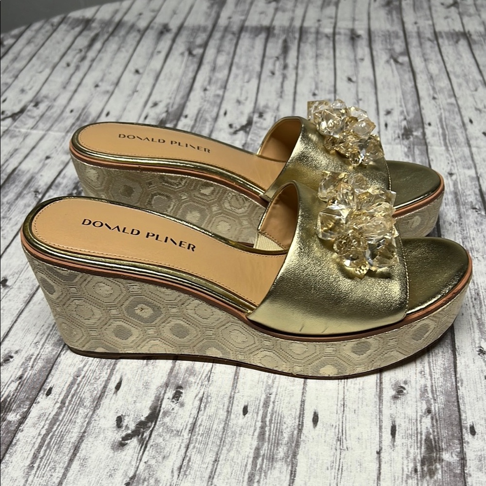 Donald J. Pliner Gold Wedge Slides with gem Embellishment - Picture 3 of 5